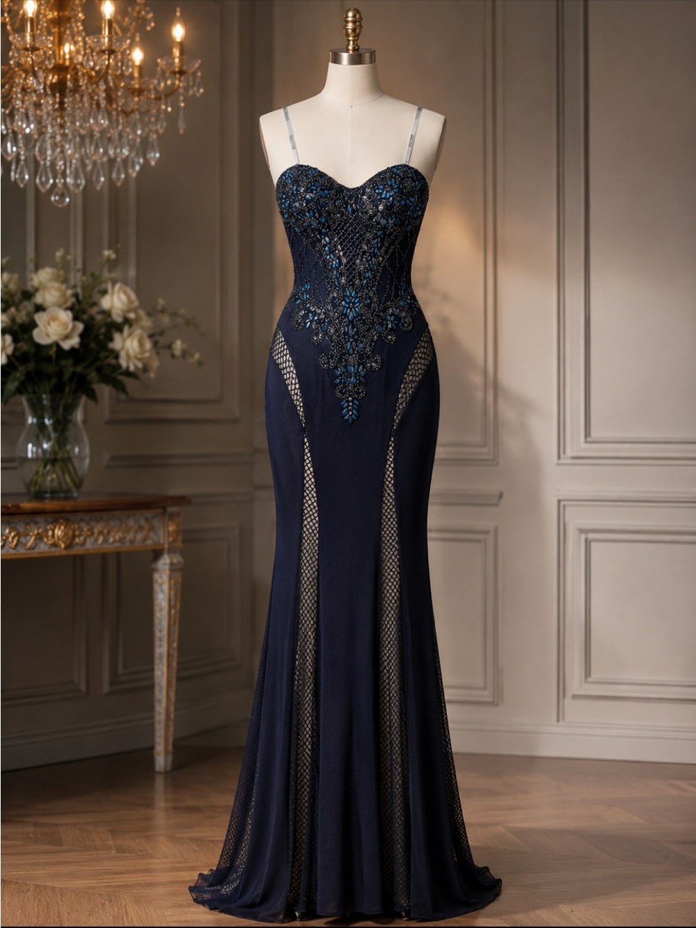 Blush Strapless Navy Beaded Mermaid Gown - Picture 4 of 9